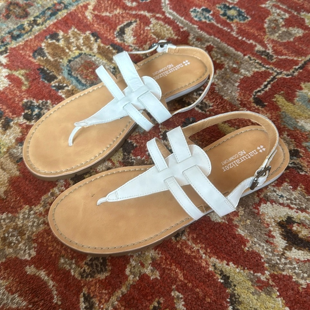 Naturalizer White and Tan Leather T-Strap Sandals